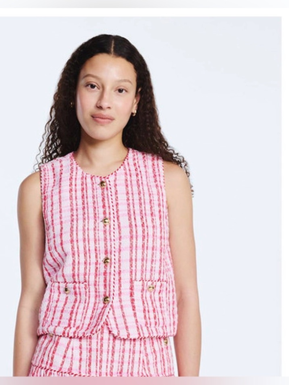 NWT Free Assembly Pink Striped Tweed Sleeveless Vest Gold Button Small